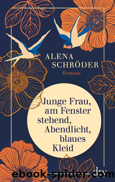 Junge Frau, am Fenster stehend, Abendlicht, blaues Kleid by Alena Schröder